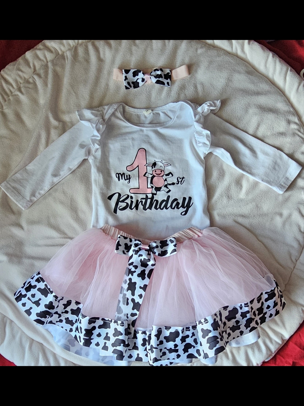 Baby  'My 1st Birthday' Pink Cow Print Tutu Outfit